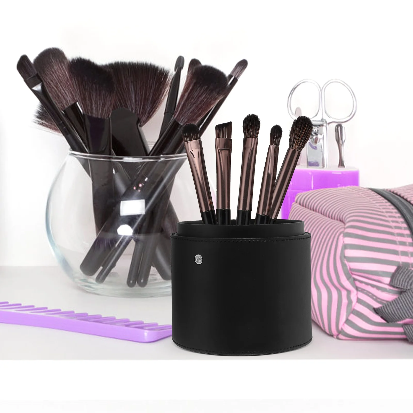 Makeup Brush Storage Portable Beauty Cylinder (black Barrel) Case Organizer Travel Suitcase Container Pu Holder