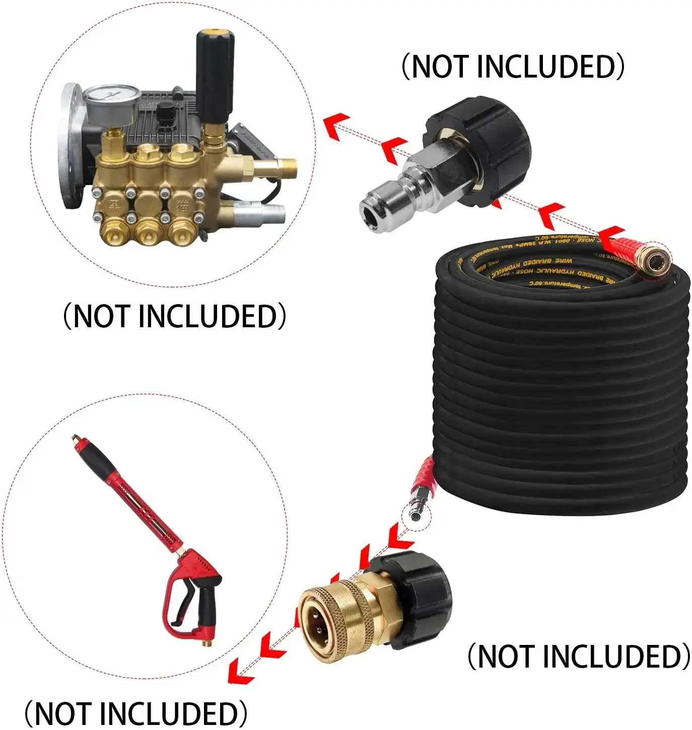 Lavadora de pressão Mangueira com conexão rápida, fio de alta elasticidade, mangueira de lavadora, quente, 4000 PSI, 3/8 ", 50FT, 2024