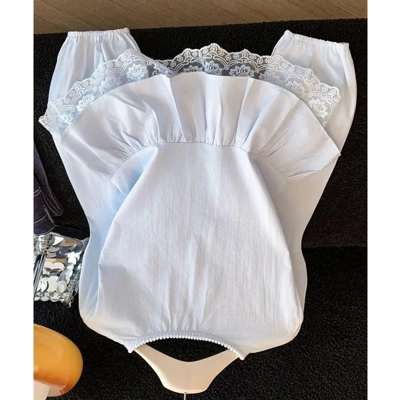

Summer Ladies Sweet Long Sleeved Casual Shirt French Women Solid Color Lace Ruffle Shirt Spring Female New Round Neck Blouse Top