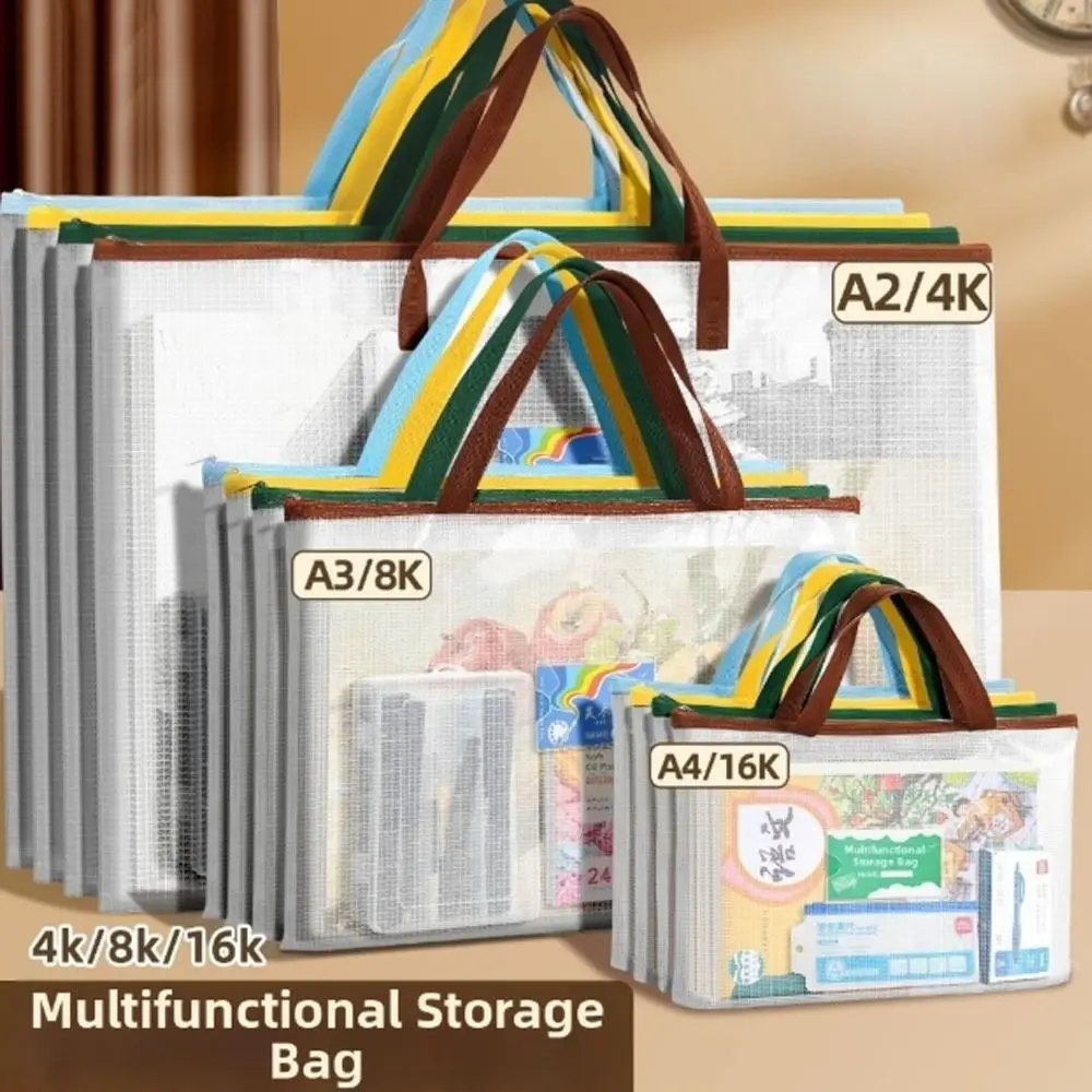with Zipper and Handle A3 Project Bag Mesh PVC Large Capacity Mesh Art Bag Multifunctional Thickened Storage Bag Office Supplies