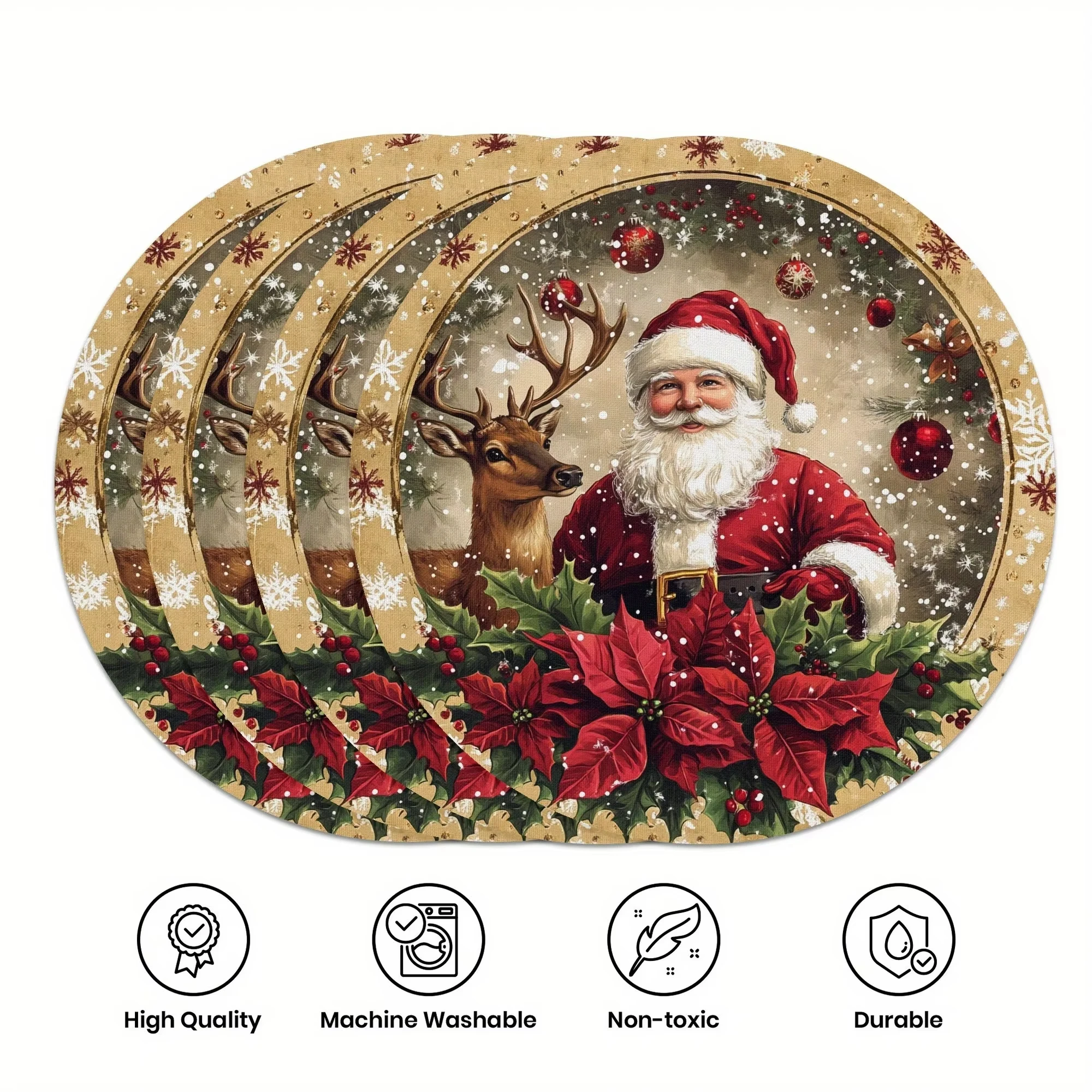 VIKAMA 4-Piece Santa's Reindeer Gold-Edged Placemats Holiday Gathering Family Dining Table Decor Accessories Party Decorations