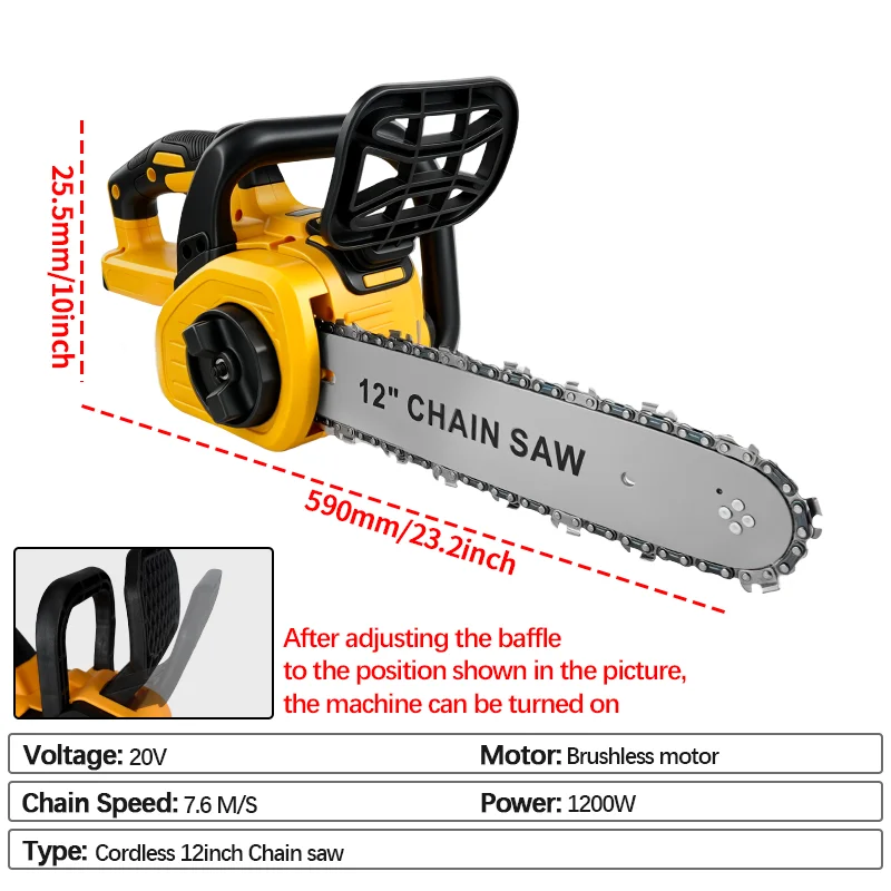 Electric Goddess 12in Brushless Electric Chain Saw 1200W Cordless Woodwork Cutting Tool For Dewalt 20V Battery Pin  ﻿