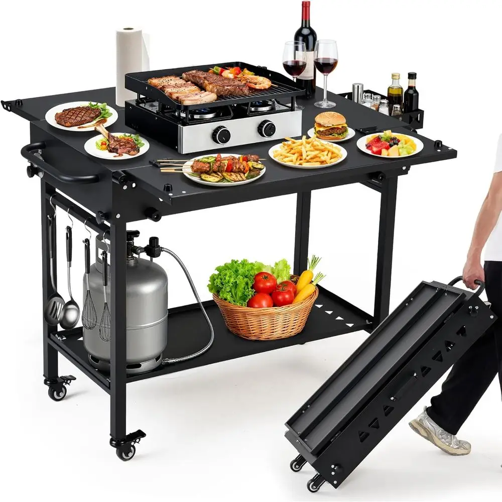 

Портативный сверхпрочный стальной стол-гриль на колесах с подставкой для жарки, полками, открывалкой для бутылок, готовый к использованию для барбекю и пиццы на открытом воздухе