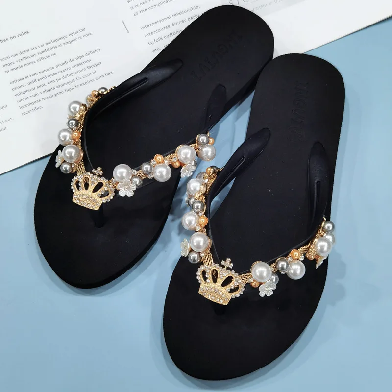 Summer Women Flip Flops Beach Vacation Slippers Pearls Sides Sandals 1.5 CM Flat With Soft Casual Shoes For Female