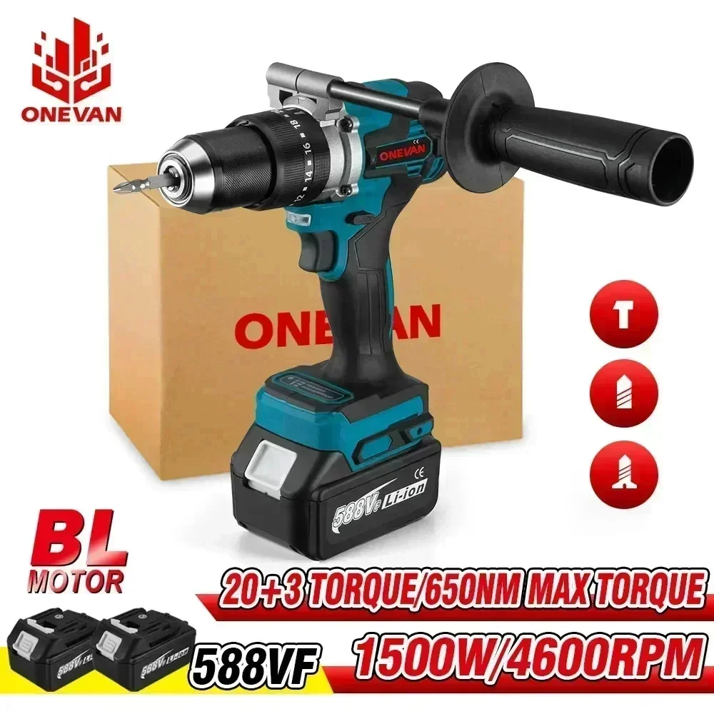 Onevan-Brushless Furadeira Elétrica, Chave de Fenda Elétrica, Furadeira de Impacto 3in 1, Ferramenta Elétrica para Makita, Bateria 18V, 13mm, Torque 20 + 3