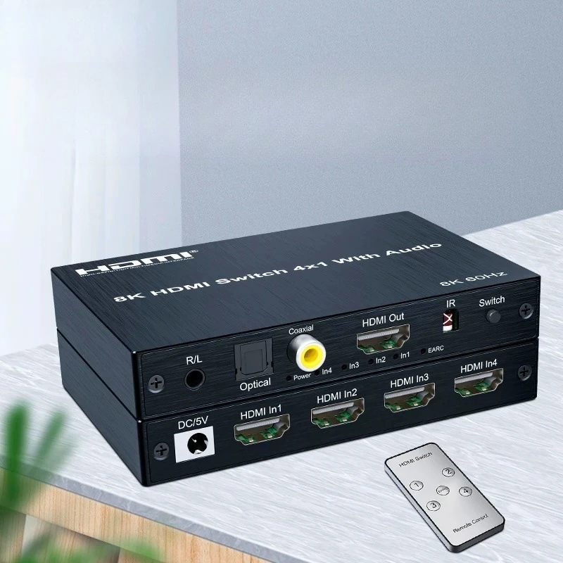 8K 60Hz HD Switch 4 in 1 out  with eARC Audio Extractor 4K 120Hz HDTV Switcher to ARC SPDIF+Coaxial+3.5mm Audio out 48Gbps HDR