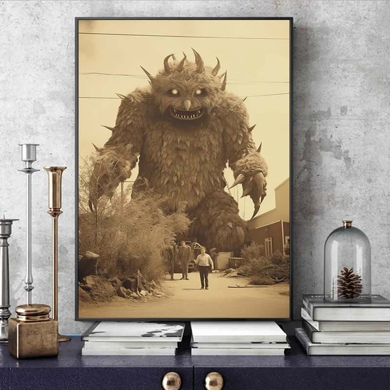 Vintage UFO Alien Family Photograph Werewolf  Horror Posters and Prints Canvas Printing Wall Art Picture for Living Room Decor