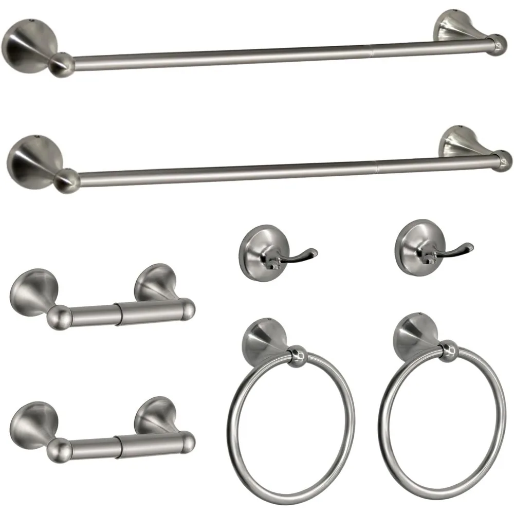 

8-Piece Bathroom Hardware Set in Brushed Nickel, Adjustable Towel Bars, Toilet Paper Holder, Towel Hooks and Racks