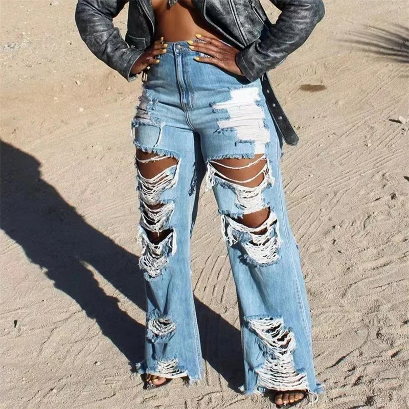 Mode Voorkant Achterkant Grote Gaten Straight Jeans Dames Casual Hoge Taille Denim Broek Vrouwen Sexy Trend Streetwear Losse Broek 24