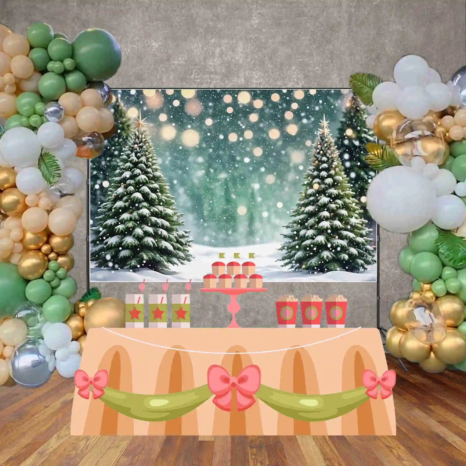 MOON.QG Snow Winter Green Backdrops Christmas Children Outdoor Pine Trees Field Backgrounds Custom Party Decor Photo Shoot Props