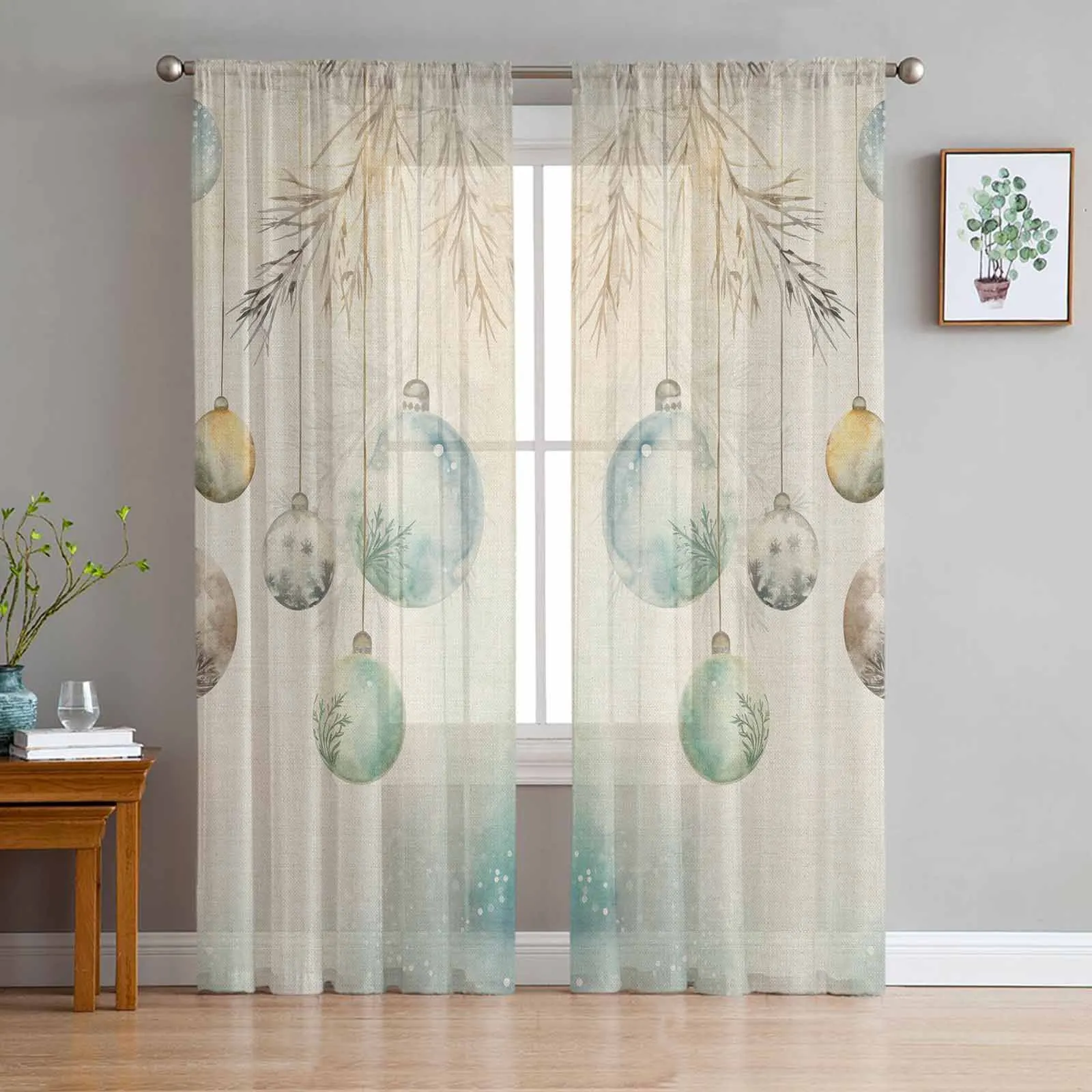 Christmas Watercolor Tree Branches Sheer Curtain Living Room Drapes Home Bedroom Voile Curtain Tulle Window Curtain