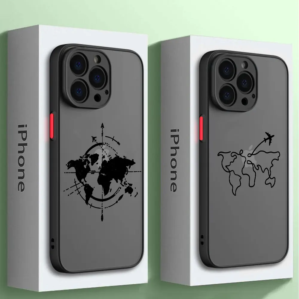 Matte Cover Print Shockproof Case for iPhone 13 Mini 15ProMax SE 7 8 Plus 14 Pro XS Max XR 12 11 Pro Planes World Map Travel