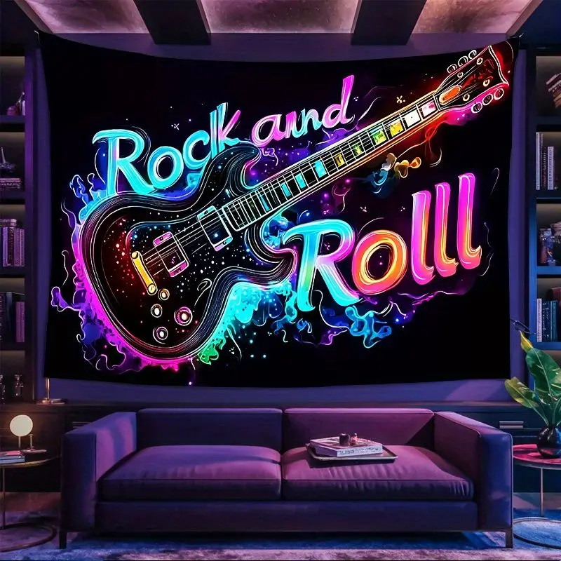 VIKAMA Neon Rock And Roll Electric Guitar Wall Tapestry Black Background Rainbow Fluorescent Instrument Smoke Music Bedroom Soft