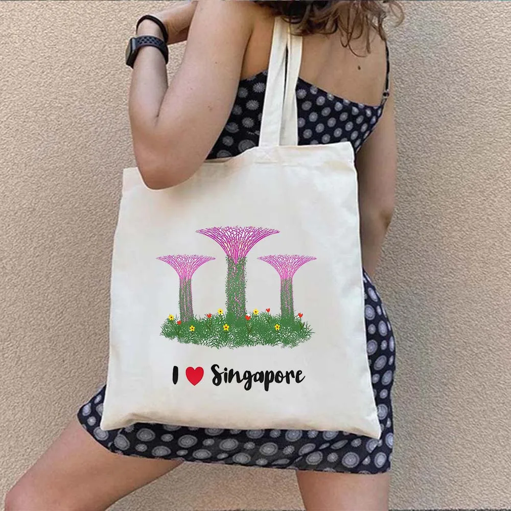 Coat of Arms Singapore Flag Map Asia Shophouse Heart Souvenir Trip Heart Watercolor Shopping Canvas Tote Bag Eco Shopper Handbag