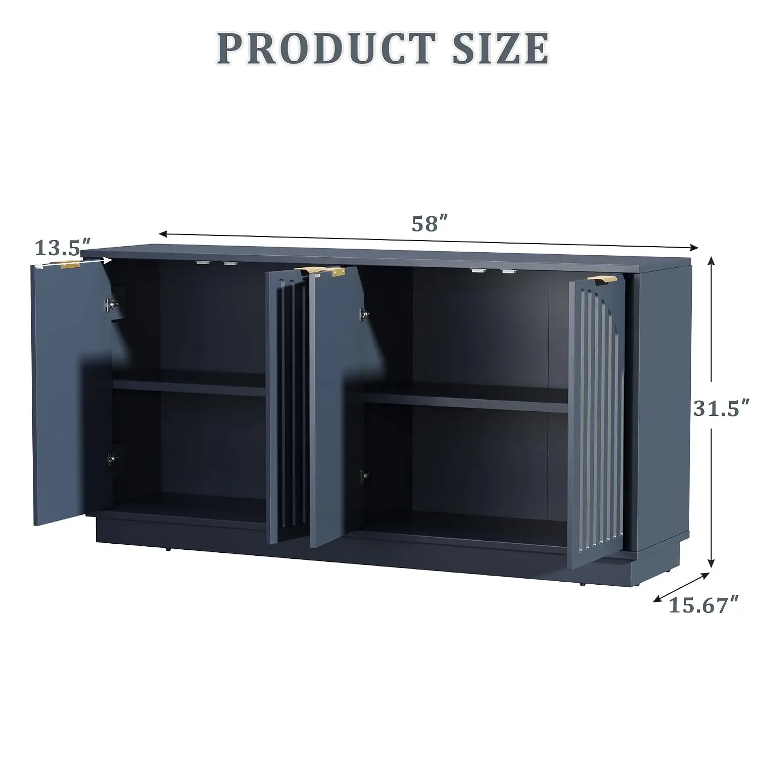 Blue Fluted Sideboard Buffet Cabinet With Storage 58 Inch, Customized
