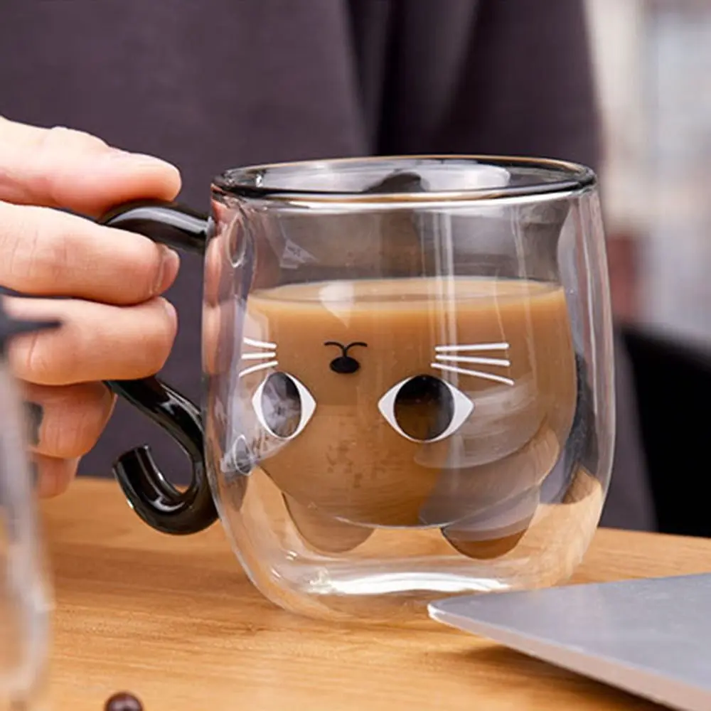 Insulated Glass Coffee Mugs Double-Walled Cartoon Cat Espresso Coffee Cups Heat Resistant Drinkware Water Cups Summer