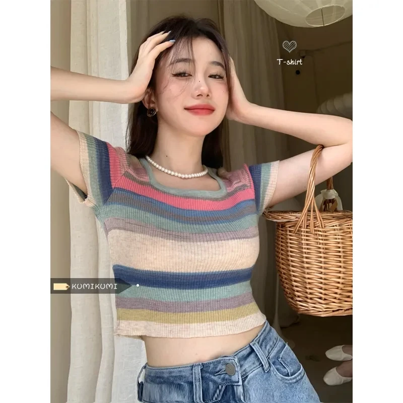 

Rainbow Striped Short Sleeve T-Shirt Beautiful Women's Blouses 2022 Summer Korean Fashion Skinny Casual Top Free Shipping