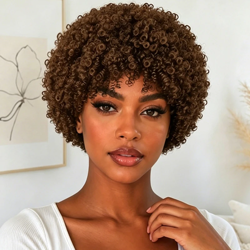 8-inch light brown wig, synthetic material, loose curls, suitable for women's everyday wear, parties, and casual occasions.
