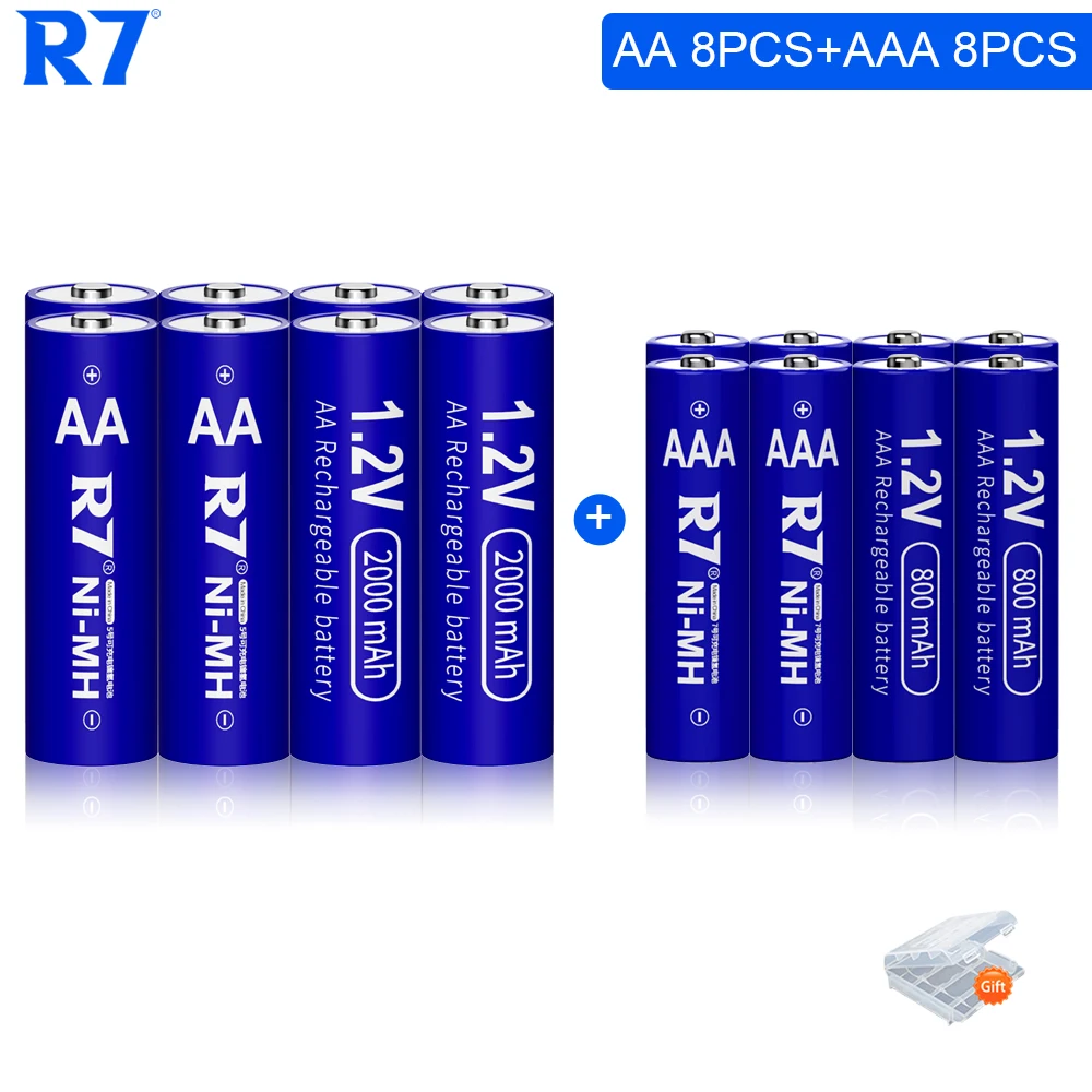 R7 brand 8pcs 1.2V AA 2000mAh +800mAh AAA NiMh rechargeable battery for camera Remote toys