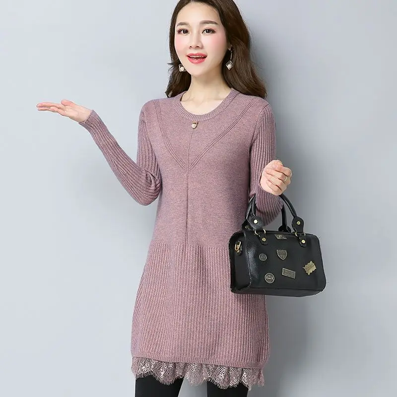 Autumn New Sweater Simplicity Patchwork Lace Solid Color O-neck Long Sleeve Knitting Mid Length Top Ladies All-match Pullovers