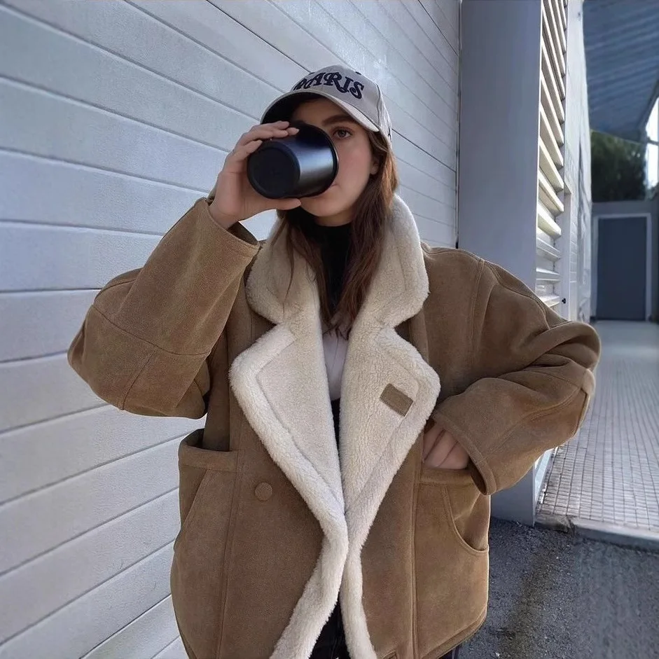

Пальто из искусственного меха женские толстые теплые куртки пальто с отложным воротником осенне-зимняя куртка однобортное пальто верхняя одежда одежда