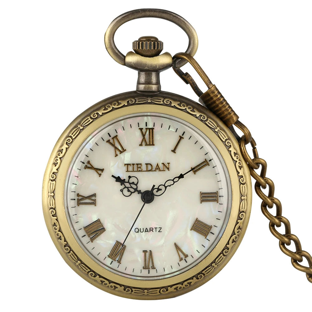 Bronze Open Face Fob Chain Quartz Pocket Watch Vintage Gift Pendant Clock for Men Women