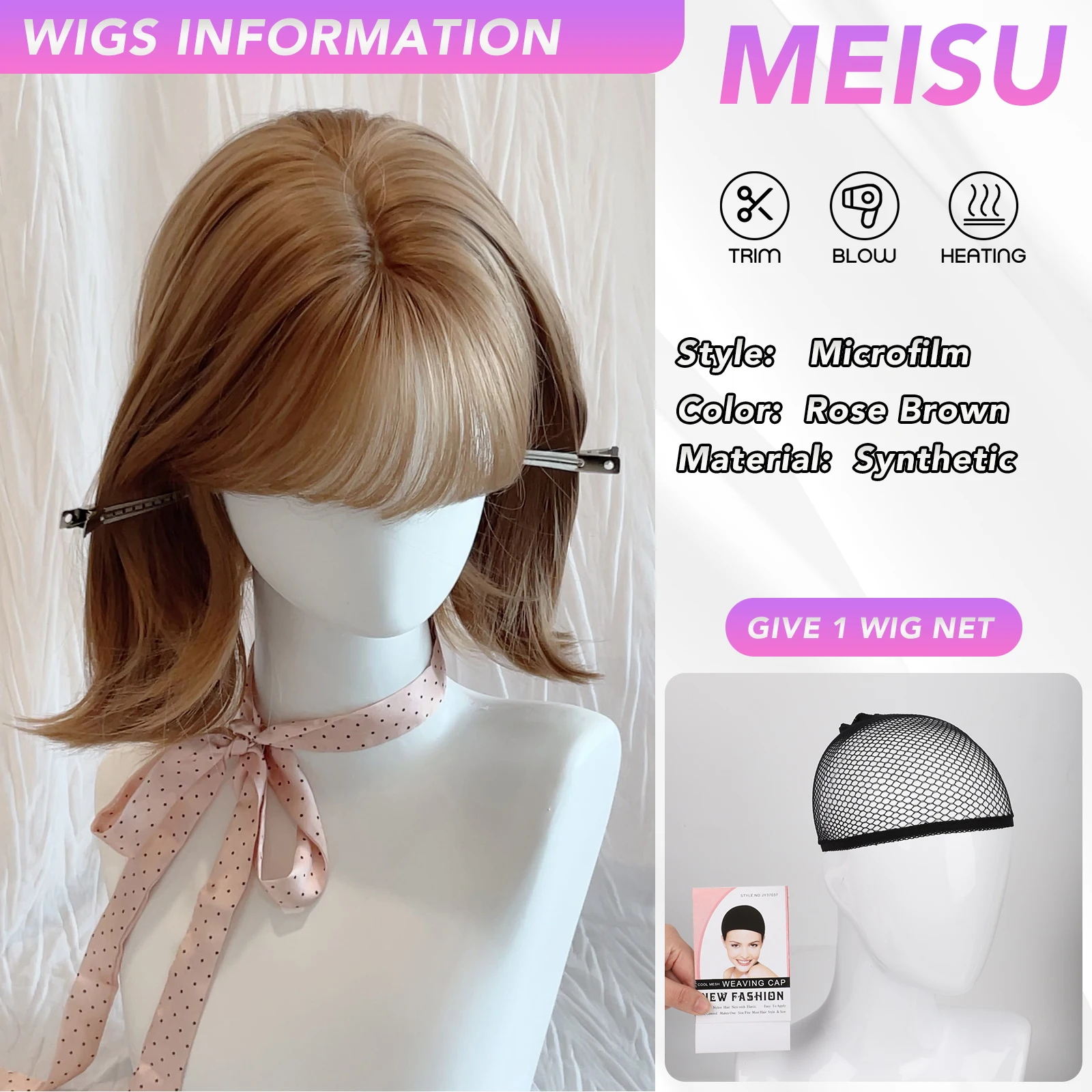 MEISU 12 Inch Short Microfilm Wig Rose Brown Synthetic Wig Layered Wigs Fiber Heat-resistant Party or Selfie For Women