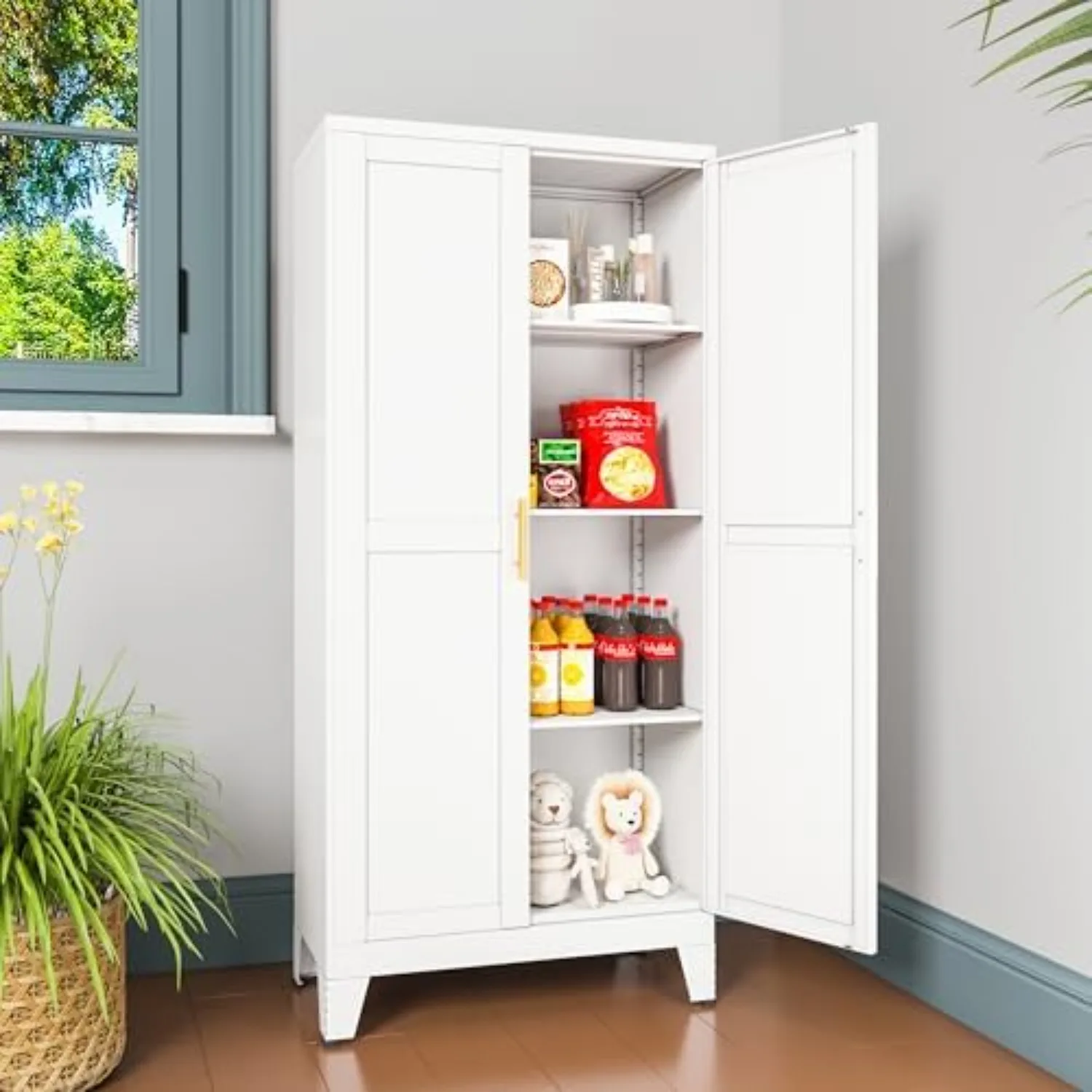 Metal Pantry Cabinet with 2 Doors and Adjustable Shelves, Kitchen Storage cabinets with Gold Handles, Versatile Storage