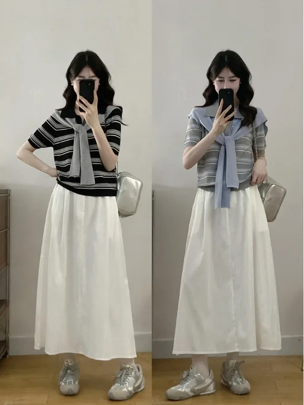 

Casual Large Size Stripe Knitted Top And Skirt Set for Women with Shawl Anti-Aging Flared Short Sleeve High Waist A-Line Dress