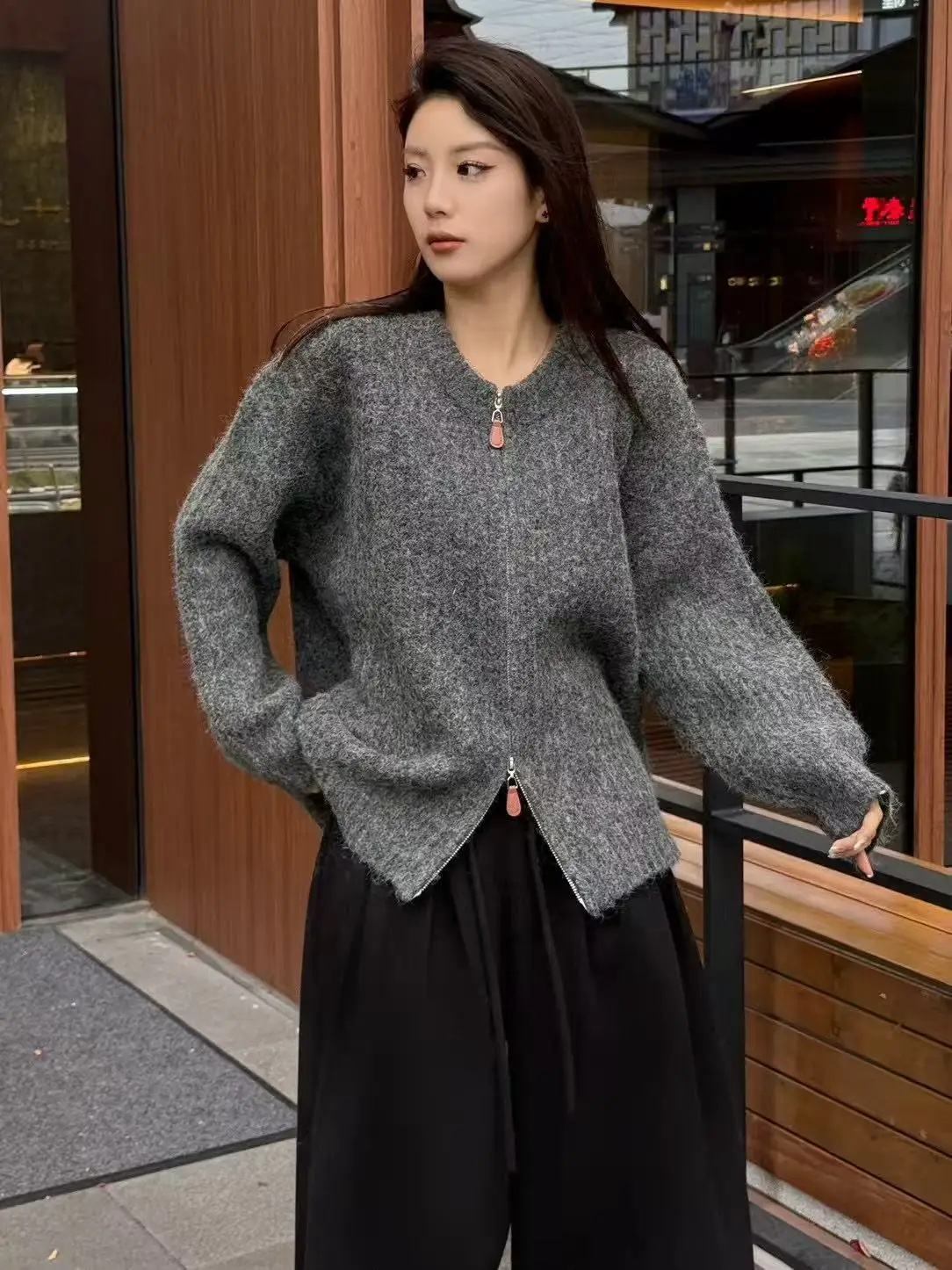 

Korean Sle Dongdaemun High End Woolen Sweater Double Zipper Leather round Ne Cardigan Autumn Winter New Large Size Open C...