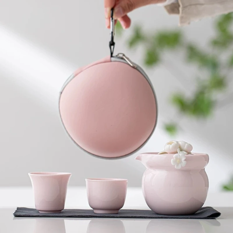 Pink Kneaded Flower Travelling Tea Set Outdoor Portable Bubble Tea with Storage Bag Kung Fu Tea Set Ladies Ceramic Snap Cups