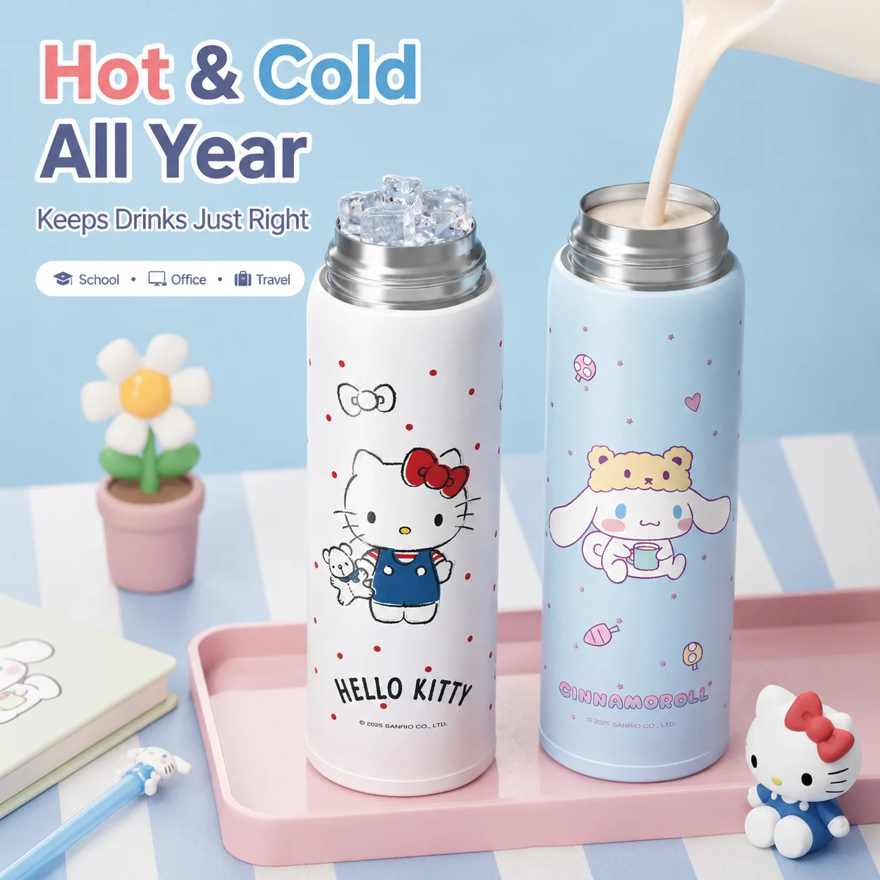Sanrio 500ML Vacuum Flask SUS316 Stainless Steel Insulated Water Bottle One-Touch Lid 3 Drinking Ways Thermos Cup view 5