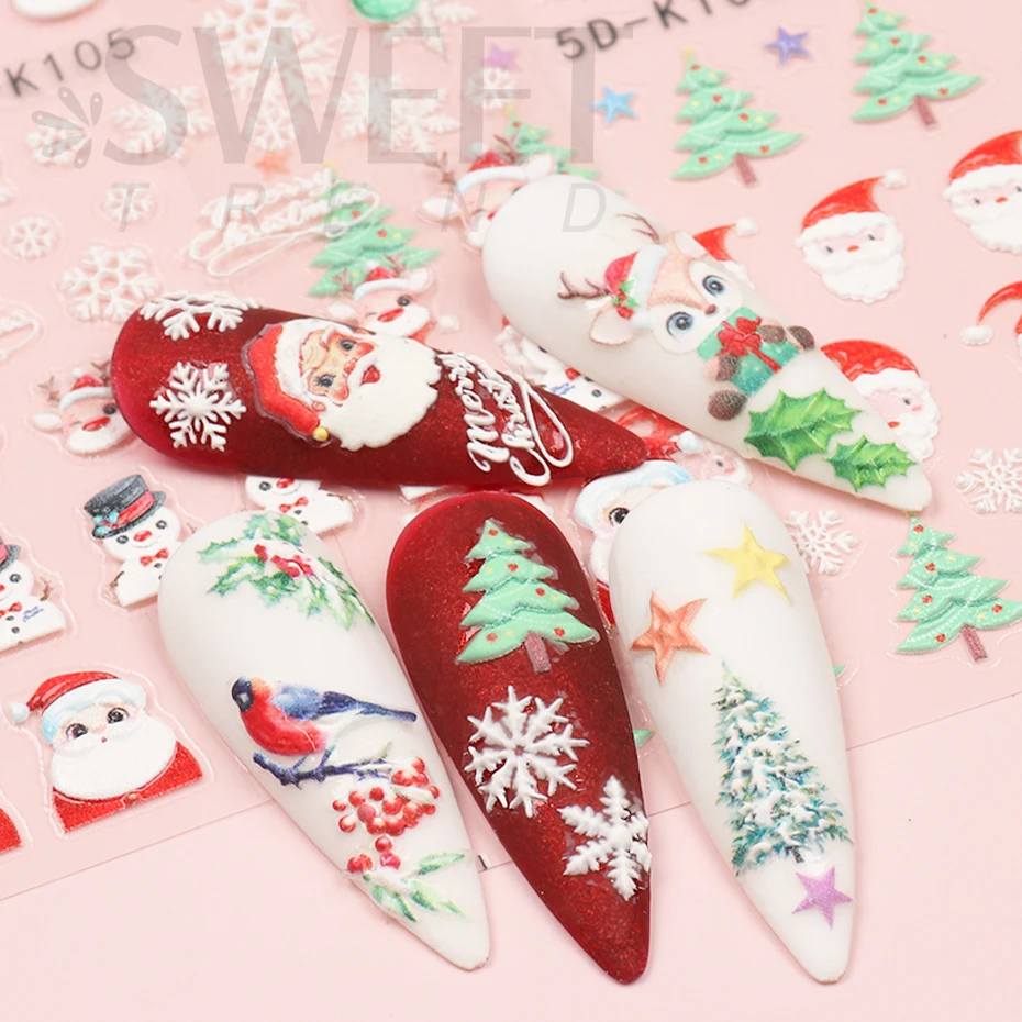 5D Embossed Christmas Nail Sticker Cartoon Gingerbread Santa Holly Snowflake Elk Bird Xmas Winter Slider Nail Decorations BE5D-K