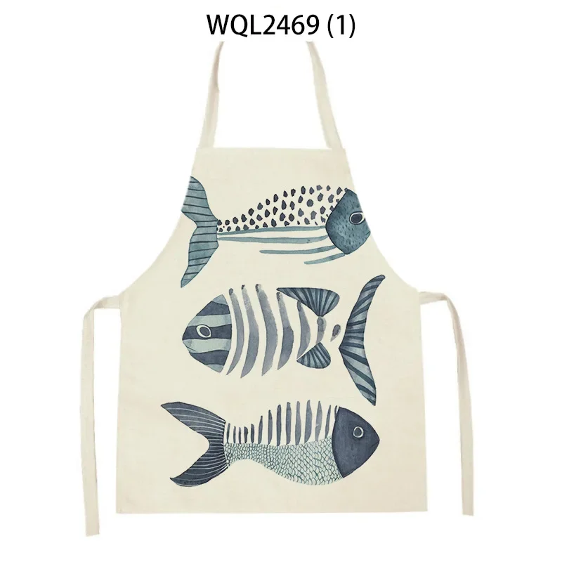 Marine Fish Shell Pattern Linen Fabric Sleeveless Handwiping Waist Apron Children's Home Decor Kitchen Apron Delantal фартук