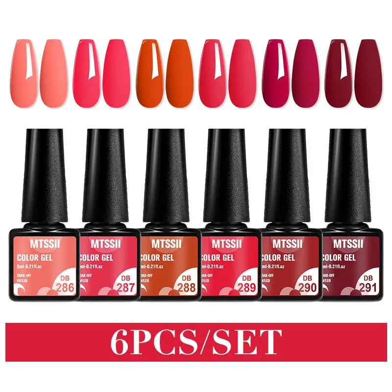 Mtssii 6PCS/Set Red Gel Nail Polish Set Glitter Sequins Semi Permanent Base Matte Top Coat Soak Off LED UV Nail Art Gel Varnish