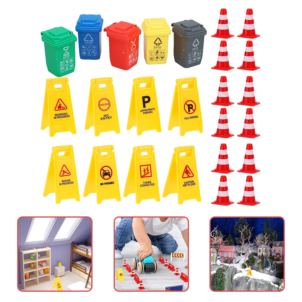 

Road Signs Kids Mini Traffic Cones Street Playset Roadblocks Toys Garbage Can Toy