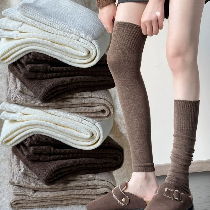 

Solid Color Knitted Warm Kneepad Women Winter Velvet Lining Long Socks Ladies Female Thick Wool Leg Warmer Foot Cover