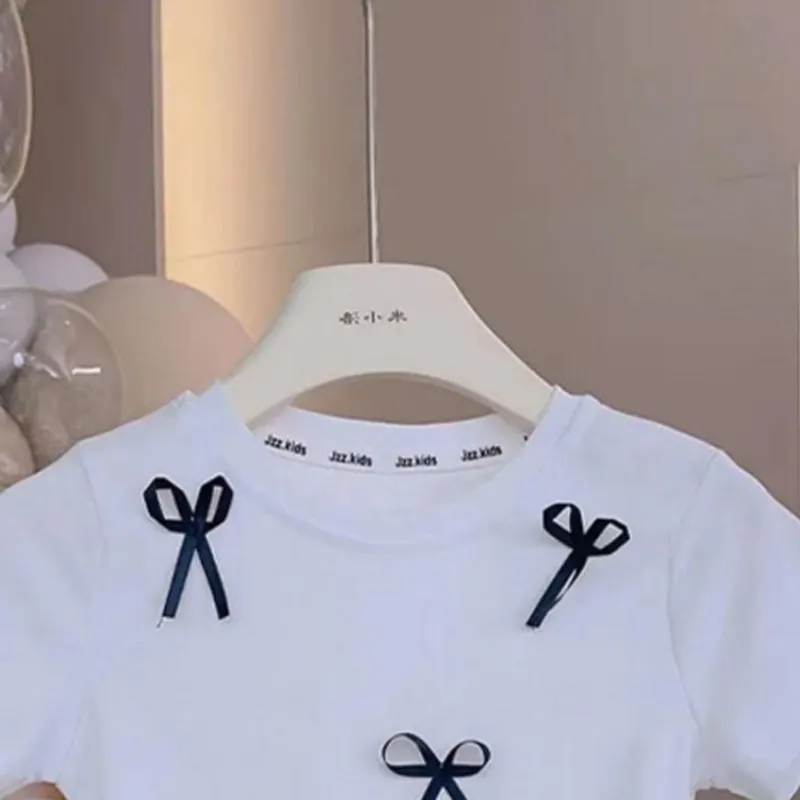 Baby Girl Cotton Bow Short Sleeve T-shirt Summer Autumn Infant Toddler Child Pullover Casual Sweatshirt Baby Clothes 18M-7Y