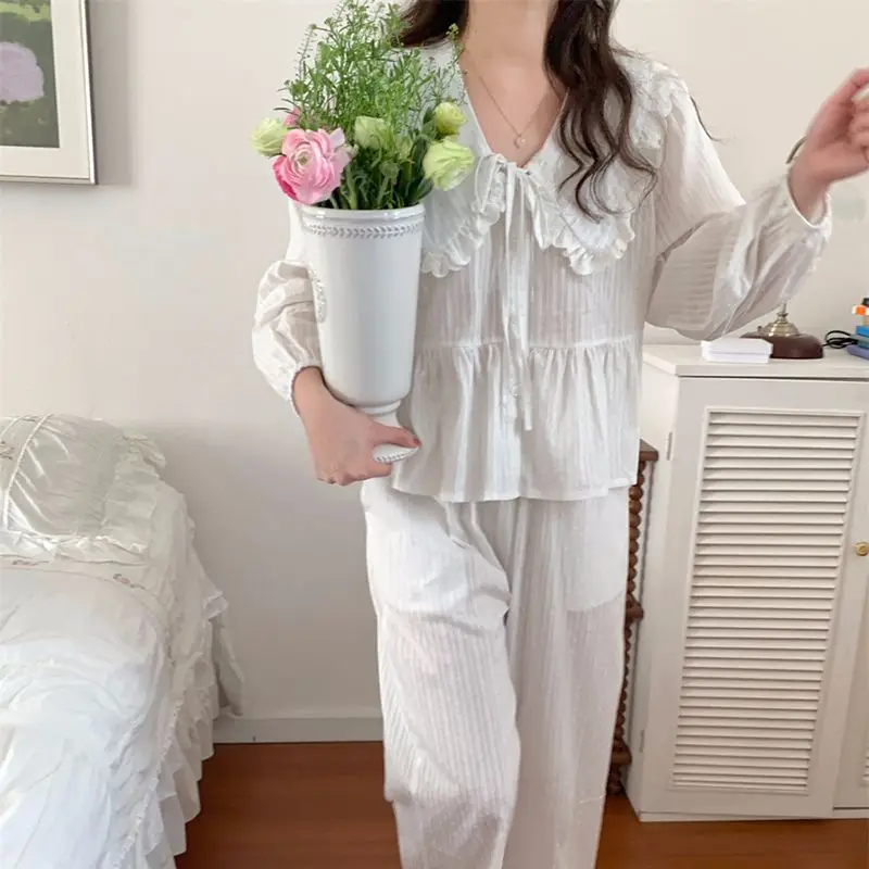 Lace Sleepwear Women Pajama Sets Korean Piiama Summer Shorts Sets 2 Pieces Peter Pan Collar Night Wears Cute Home Suit 2024 New