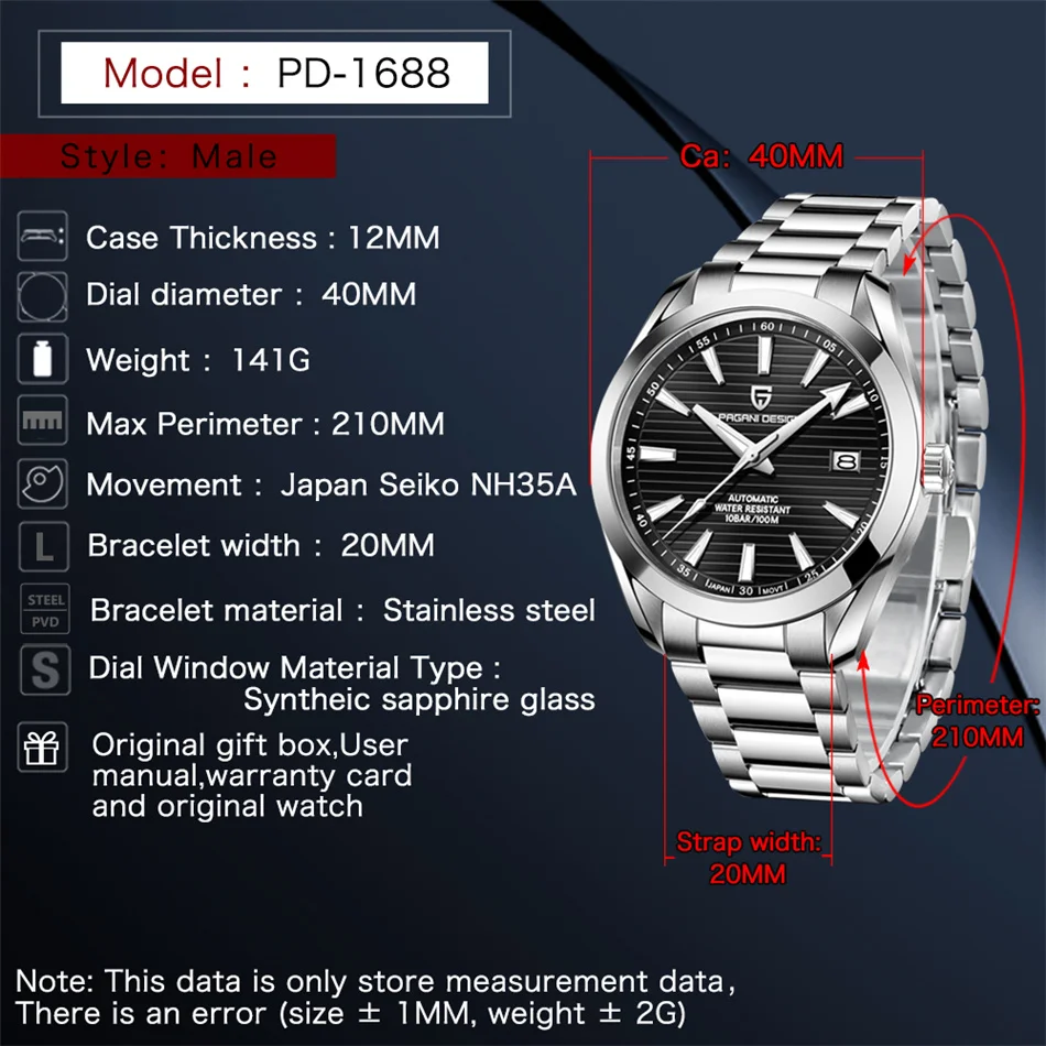 PAGANI DESIGN 40MM A150 Men\'s Watches Luxury Automatic Watch For Men Mechanical WristWatch Stainless Steel Sapphire Glass NH35