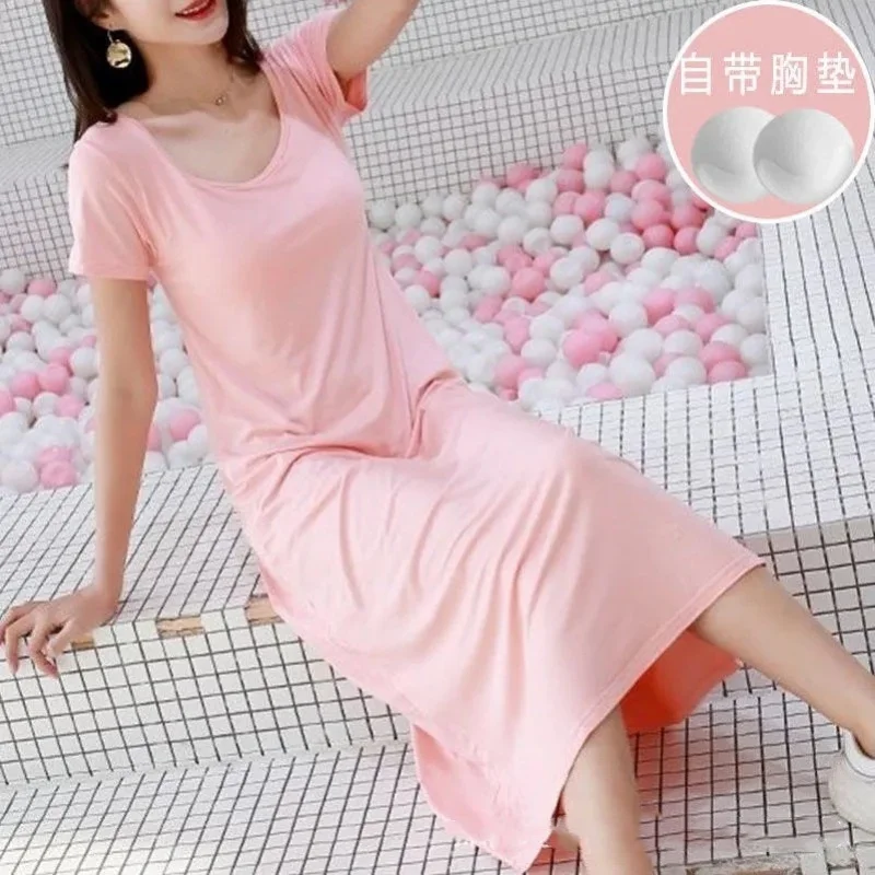 Women's Pajamas with Chest Pads Short Sleeve Robe Retro Dress with Thin Chest Pads Thin Solid Color Sleepwear With Built In Bra