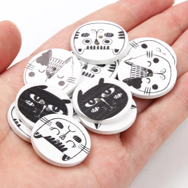 30pcs 25mm Mix Cat Painting Button Cartoon Sewing Wooden Buttons For Clothing Scrapbook Christmas Crafts Card Sewing Accessories