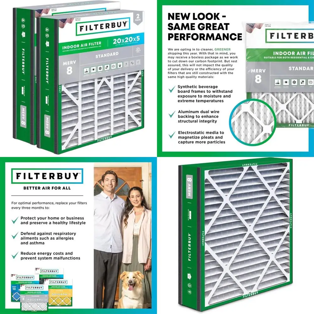 

20x20x5 MERV 8 Air Filter, 2-Pack, Pleated for HVAC Systems, Actual Size 19.63x20.63x4.88