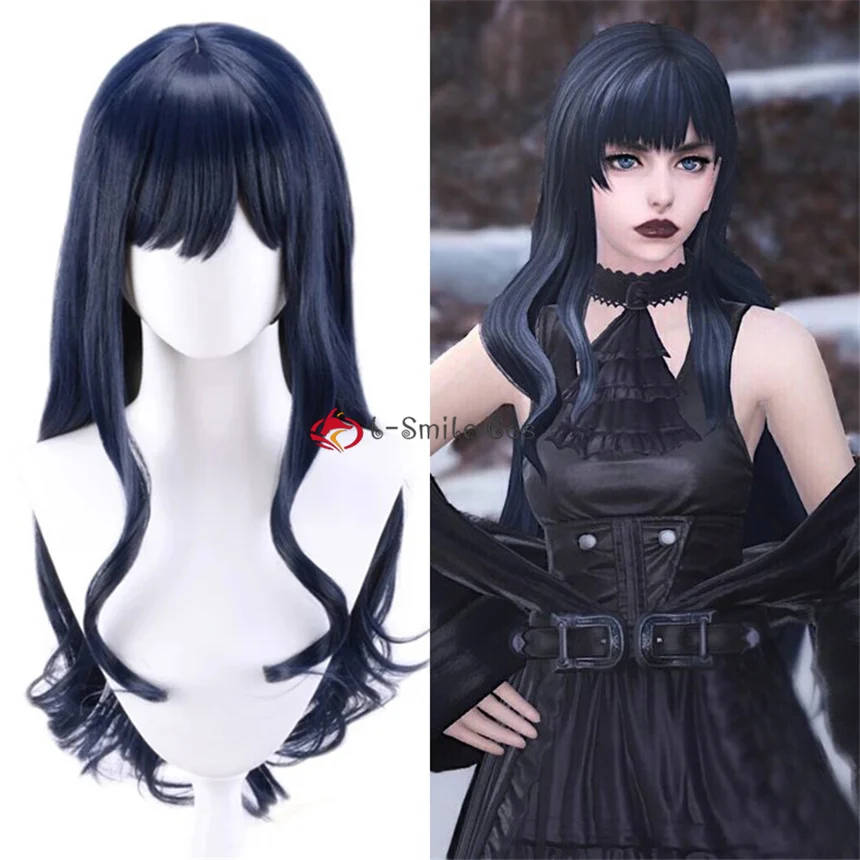 FF XIV 14 Cosplay FF14 FFXIV Gaia Cosplay Wig 80cm Long Navy Blue Curly Bangs Anime Wigs Heat Resistant Synthetic Hair + Wig Cap