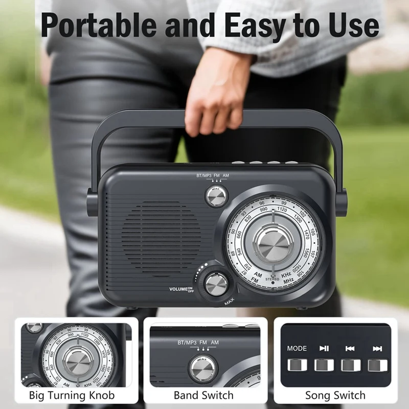 Portable Bluetooth AM FM Radio,1200Mah Battery Powered Radio Loud Speaker,Support SD Card And USB MP3 Player,Backlight