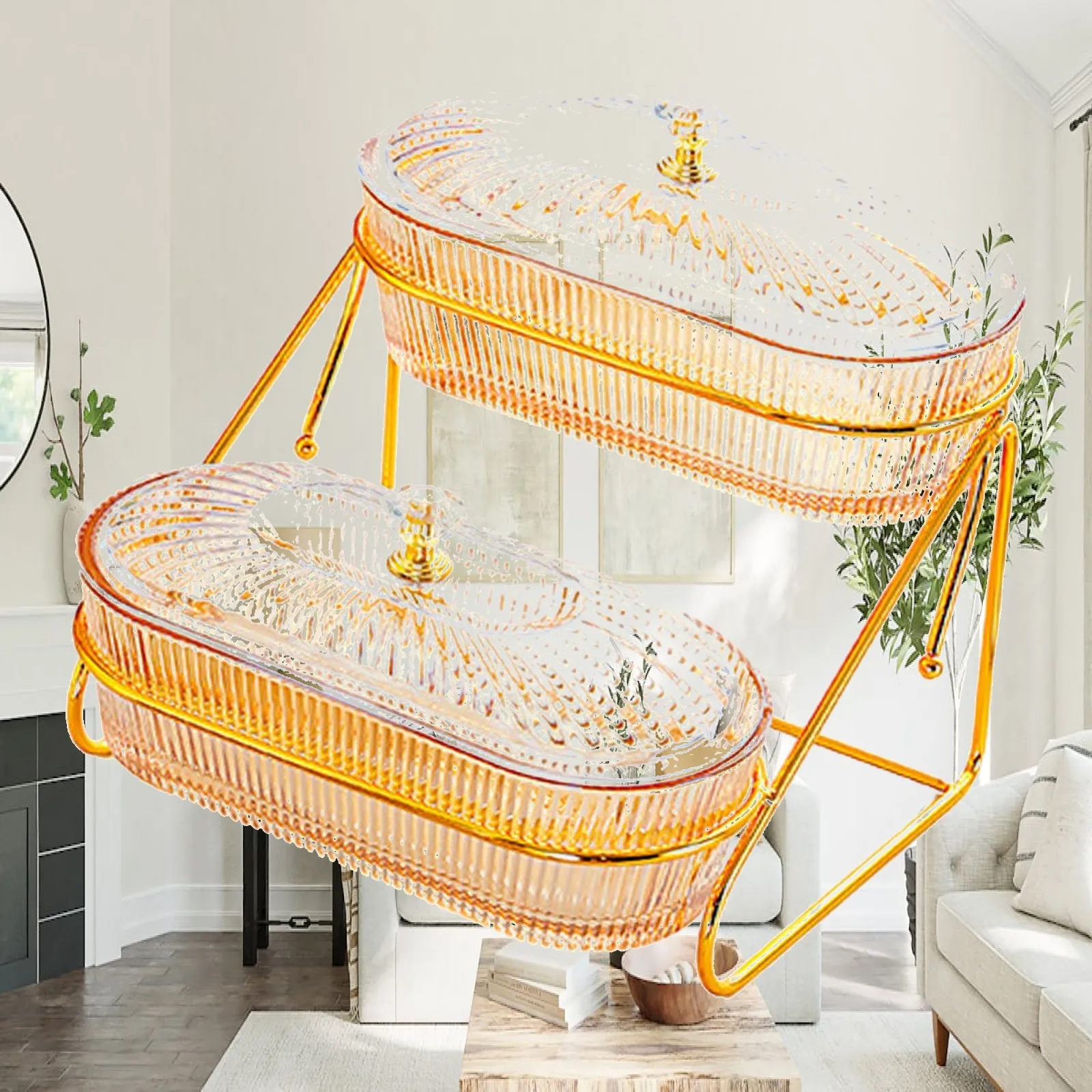 Dried Fruit Salad Plate Platter 2 Tiers Multi Use Transparent Snack Dishes Appetizer Tray for Snack Cookies Nuts Candies Wedding
