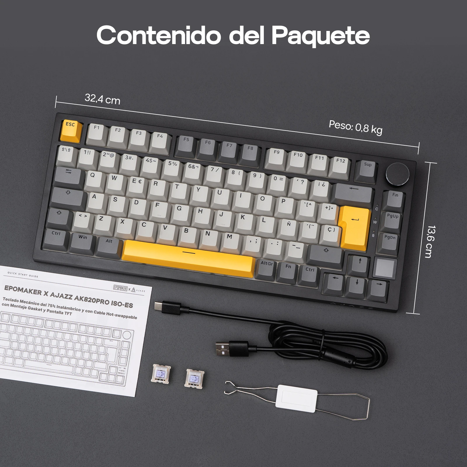 ISO-ES 레이아웃 EPOMAKER X AJAZZ AK820 PRO 75% 스페인어 레이아웃 유선/2.4GHz/BT 기계식 키보드 (스크린 및 노브 포함) PC/Mac용 썸네일 5