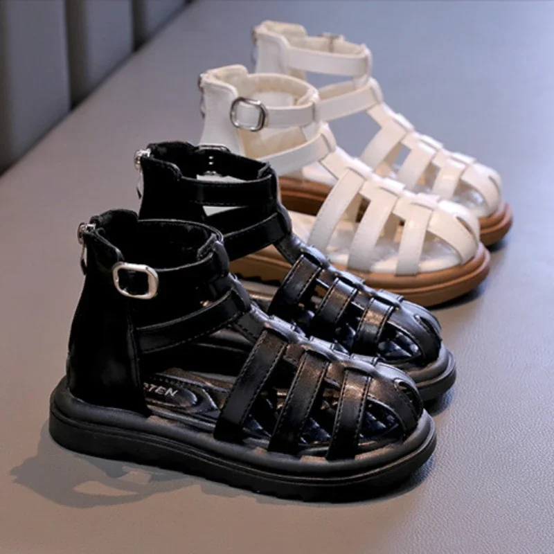 

British Style Children's Sandals Girl 2026 Summer Kids Hollow-out Beach Shoes Fashion Causal Girls High-top Simple Roman Sandals