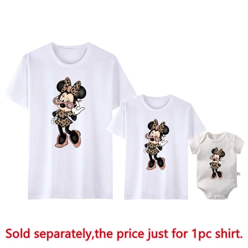 New Leopard Minnie Mouse Family Shirts Cotton Matching Mother and Daughter Tshirt Baby Rompers Kawaii Family Look Disney Clothes