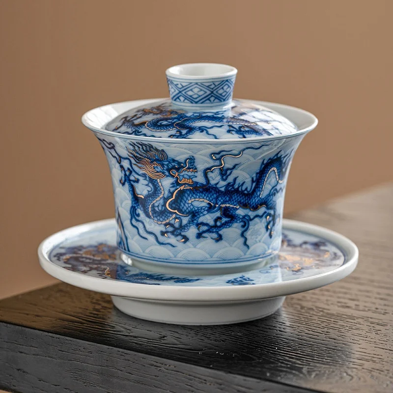 Metal Inlay Blue and White Chinese Dragon Gaiwan Single Ceramic Kungfu Tea Set Tea Making Bowl Tea Tureen